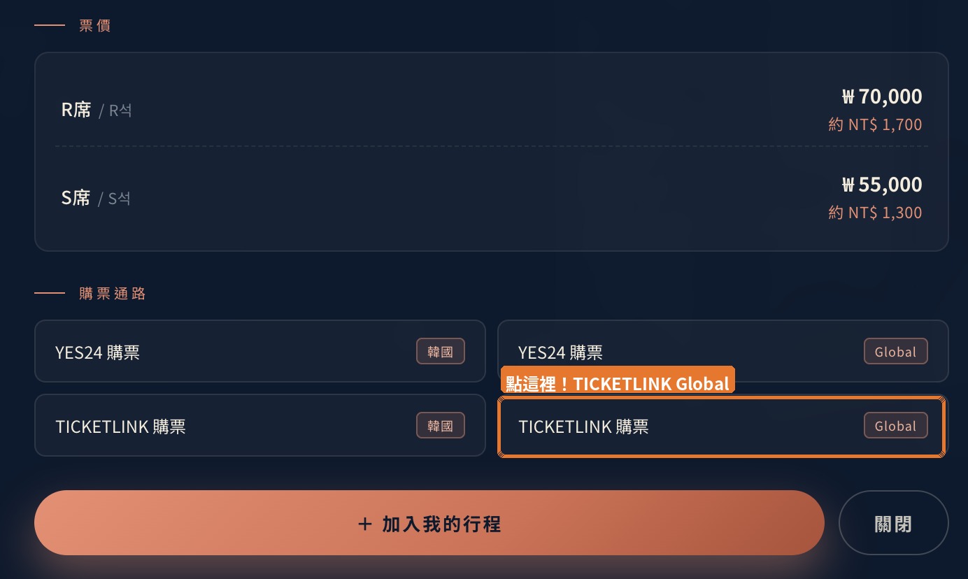STEP 1 — KONTENX 票價區塊,點選 TICKETLINK 購票 → Global