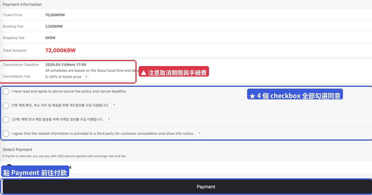 STEP 11 — 確認金額、勾選 4 個 checkbox,選 Standard Credit Card Payment
