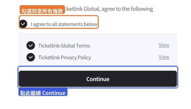 STEP 6 — 勾選同意 Ticketlink Global 條款,點 Continue